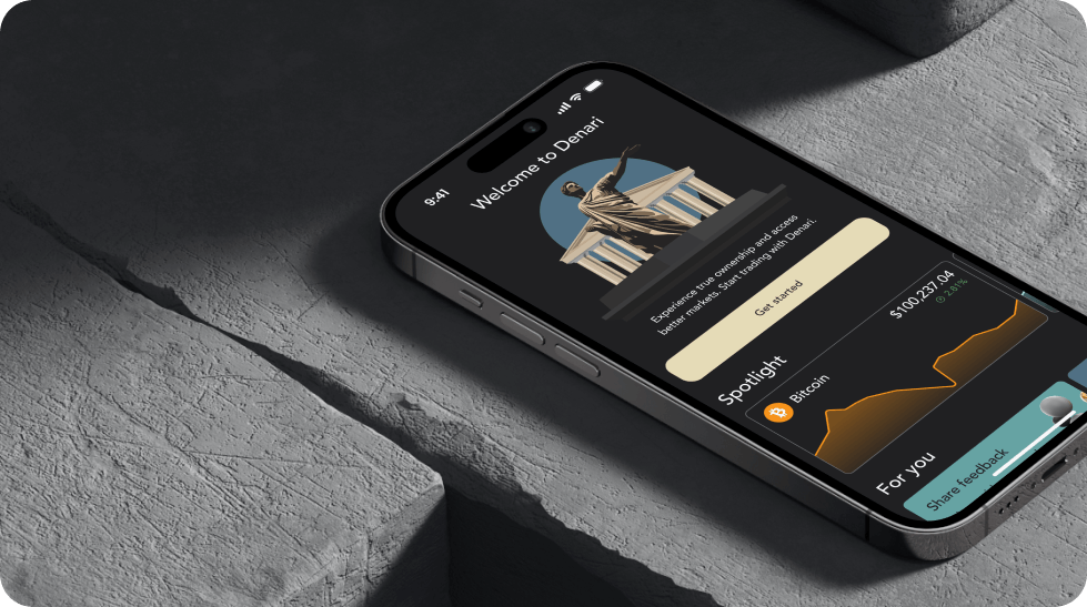 Dexari app on stone. Welcome screen and Bitcoin spotlight.